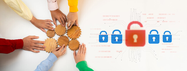 A group of diverse hands collaborates over wooden gears, symbolizing teamwork in cybersecurity. Digital locks highlight the importance of data protection in the tech age. Trope