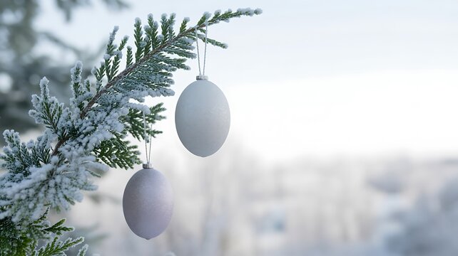 Frosted Evergreen Branch with Christmas Ornaments