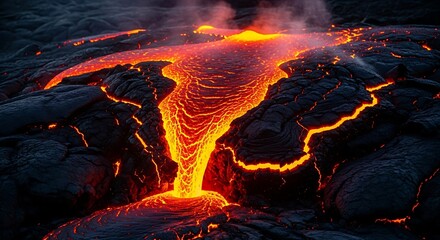 Fiery molten lava flowing across dark rock formations under a dimly lit sky