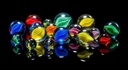A vibrant collection of glass marbles with intricate swirling patterns, beautifully illuminated and reflecting on a sleek dark surface, creating a mesmerizing visual display