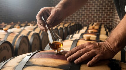 Artisan tasting aged spirit from a wooden barrel in a distillery cellar