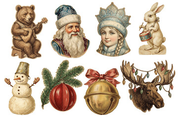 Vintage Russian New Year symbols set. Includes Ded Moroz, Snegurochka, bear, snowman, bell, and moose. Retro holiday art illustration.