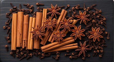 Aromatic Spice Still Life Cinnamon, Star Anise, and Cloves on Dark Wood
