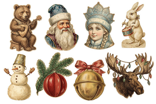 Vintage Russian New Year symbols set. Includes Ded Moroz, Snegurochka, bear, snowman, bell, and moose. Retro holiday art illustration.