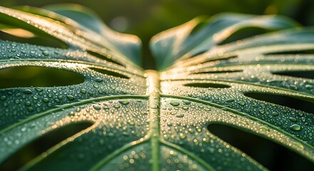 Close-up of a dew-covered monstera leaf, showcasing its intricate details and vibrant green hue in soft natural light