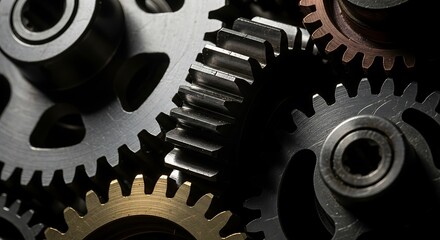 Detailed close-up of shiny metallic gears perfectly interlocked, symbolizing precision, complex mechanics, and the intricate workings of industrial technology and motion systems