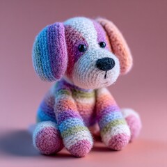 A miniature knitted puppy with striped rainbow fur and a lively, understanding look. The Best Friend.