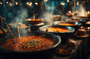 Row of pots with chili ready for tasting at event. Ladles rest in each pot. Steam rises above the hot meals ready to serve. Restaurant or event catering concept.