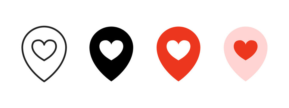 Location pin with heart icon. A simple love marker for maps and favorite places navigation symbol. Emotional geotag for romantic spots in apps sign. Clean heart location concept pictogram.