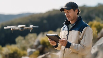 A drone technician tuning flight parameters on a tablet, adjusting stability settings and motor output before a field test — UAV calibration, drone performance optimization, and high-tech flight