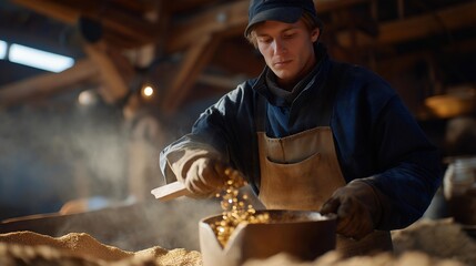 A craftsperson pouring molten metal into sand molds, smoke swirling under warm workshop lamps — foundry artistry, casting techniques, and handcrafted metal production. cinematic color correction,
