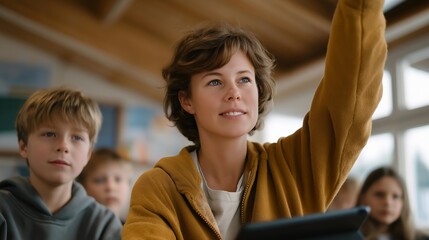A classroom CO₂ indicator rising into the yellow zone, prompting students to open windows while their teacher checks ventilation guidelines on a tablet — indoor air quality awareness, safe learning