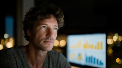 A marketer reviewing subscriber analytics on a glowing dashboard, charts rising sharply as engagement metrics and retention rates update in real time — subscriber insights, audience tracking, and