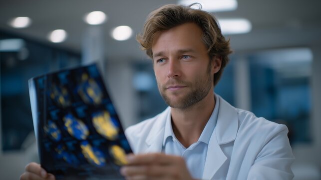 A medical researcher examining a brain scan heatmap showing neural activity patterns in bright gradients, using AI tools to study cognitive function and early disease detection — neuroscience