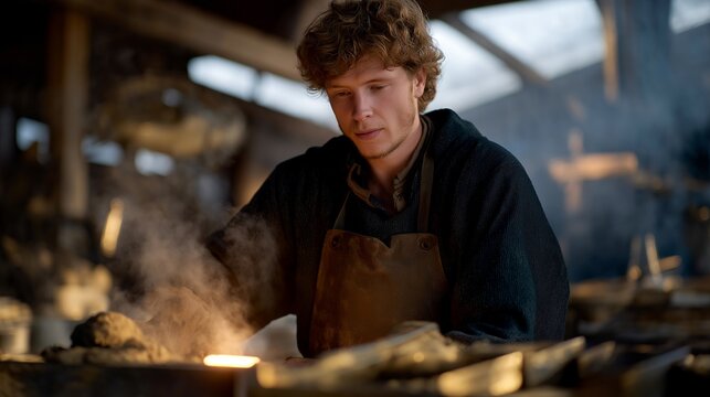 A craftsperson pouring molten metal into sand molds, smoke swirling under warm workshop lamps — foundry artistry, casting techniques, and handcrafted metal production. cinematic color correction,