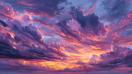 Ethereal dynamic clouds painted with intense shades of pink orange and purple during sunset or sunrise
