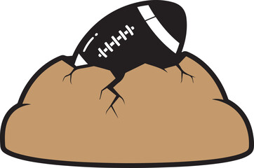 Black American football emerging from cracked brown earth ground with white laces and stripe sport game