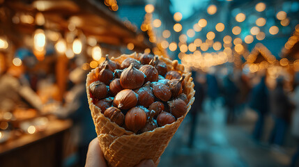 Warm roasted chestnuts held in a cone at a festive market in the evening