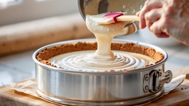 close up of creamy cheesecake filling being poured into a prepared crust inside a metal springform pan during homemade dessert preparation