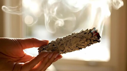 Hand holding burning white sage smudge stick emitting calming smoke indoors with warm soft lighting