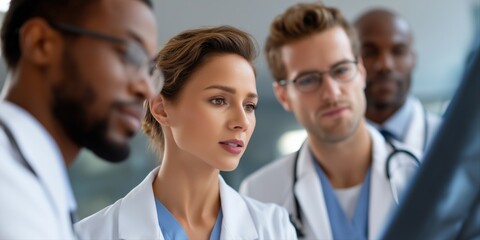 Medical team collaboration: diverse professionals analyzing patient data