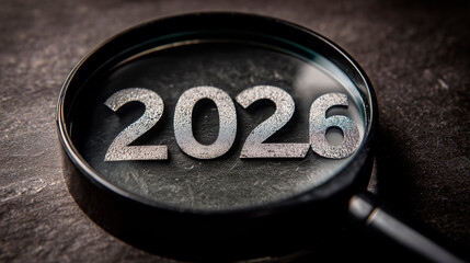 Magnifying glass focused on the number 2026 in small print, concept of looking ahead