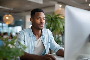 Young african male adult working at computer in modern office environment
