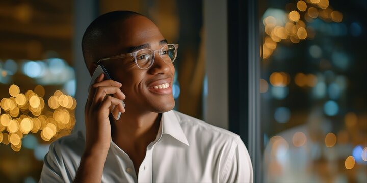 Young african male in glasses enjoying a phone call with night city lights