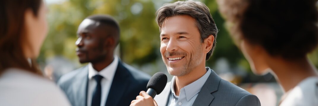 Caucasian mature male interviewed in outdoor setting with diverse crowd