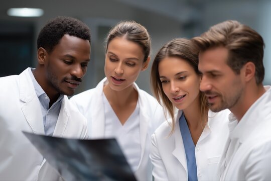 Diverse group of young physicians discussing medical imaging - Powered by Adobe