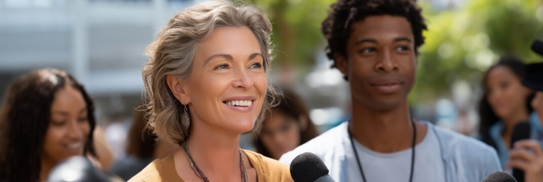 Caucasian female and african male adults smiling at outdoor event