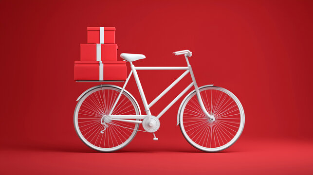 Minimalist white bicycle with a stack of red boxes on the rear rack, eco-friendly Christmas delivery concept