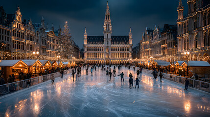 Obraz premium Frozen Ice Skating Rink in Brussels Grand Place at Winter Wonders Christmas Market Evening View