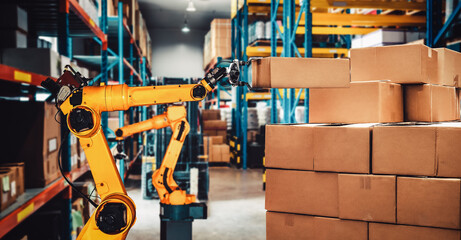 Smart robot arm system for innovative warehouse and factory digital technology . Automation manufacturing robot controlled by industry engineering using IOT software connected to internet network .