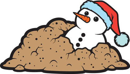Cartoon snowman wearing a red and blue Santa hat peeking out from a pile of brown dirt with black speckles and cracks