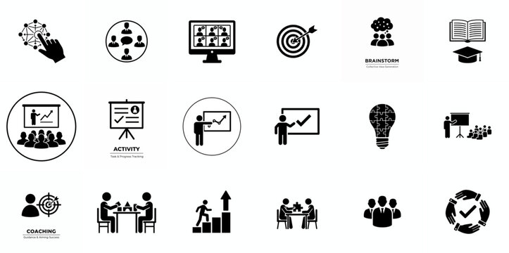 Workshop icon set. Containing team building, collaboration, teamwork, coaching, problem-solving and education icons. Solid icon collection.
