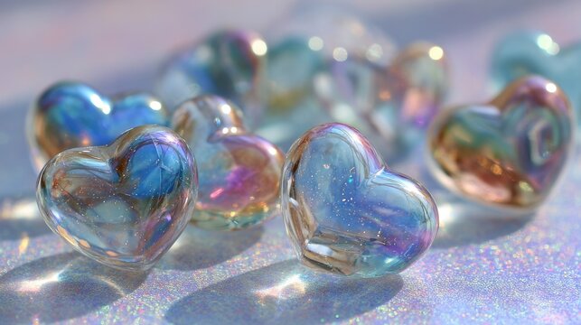 A collection of colorful glass hearts are arranged on a white background. The hearts are of various sizes and colors, creating a vibrant and eye-catching display. Concept of joy and playfulness