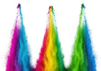ultra-high-speed macro shot of three violent explosions of high-viscosity rainbow pigments (magenta, cyan, yellow, green) against a pure white studio concept of joyful celebration and dynamism