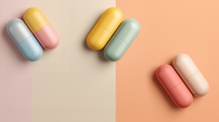 Colorful capsules arranged artistically on a soft pastel background during daylight the banner