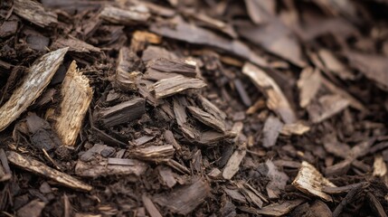 Close-up of dark brown wood chips and shredded bark mulch. Mixed-sized pieces with natural texture, fibers and light veins create a deep, warm and natural background.