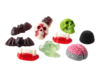 ultra-detailed, highly glossy pink brain, green skull, and purple bat gummy candies scattered on a high-key white background with text 'trick or treat'. concept for spooky product advertising