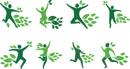 Collection of green human figures with leaves isolated on