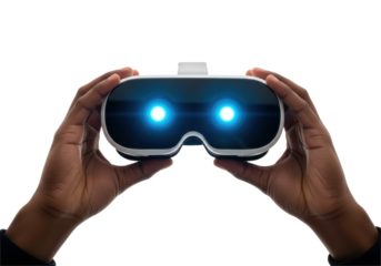 African american hands holding a minimalist, high-fidelity white vr headset with intensely glowing azure blue oled lenses against a seamless white studio background. Concept of digital immersion and