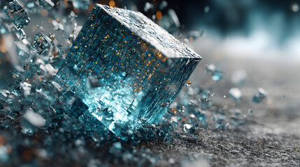 Abstract Glass Cube Shattering Revealing Blue Swirling Data Stream