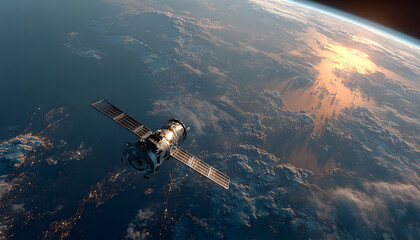 Fototapeta premium A satellite orbits the Earth, connecting the world with its technology. The image shows the curvature of the planet with a golden glow