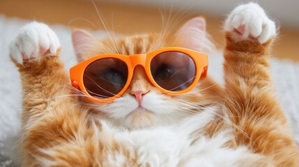 Fototapeta premium A cat wearing orange sunglasses is laying on the ground. The cat's eyes are closed, and it is enjoying the sun
