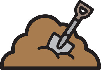 Flat illustration of a shovel digging into a mound of brown soil dirt