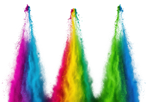 ultra-high-speed macro shot of three violent explosions of high-viscosity rainbow pigments (magenta, cyan, yellow, green) against a pure white studio concept of joyful celebration and dynamism