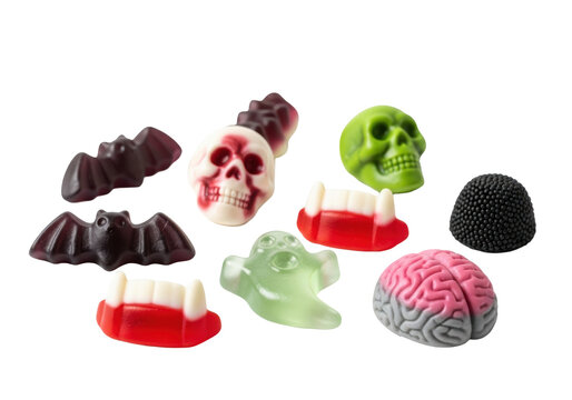 ultra-detailed, highly glossy pink brain, green skull, and purple bat gummy candies scattered on a high-key white background with text 'trick or treat'. concept for spooky product advertising