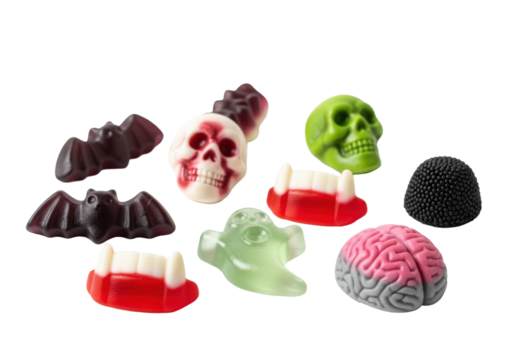 ultra-detailed, highly glossy pink brain, green skull, and purple bat gummy candies scattered on a high-key white background with text 'trick or treat'. concept for spooky product advertising